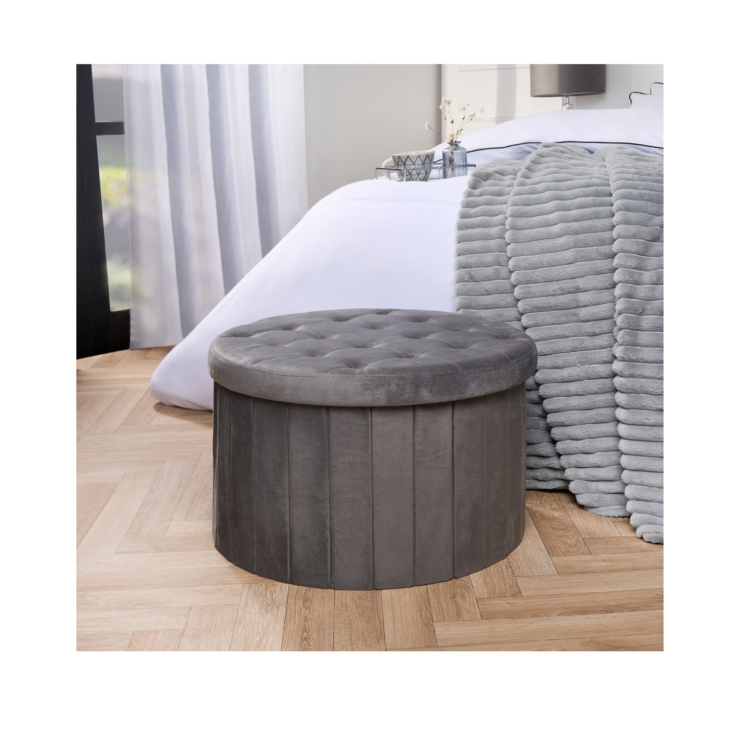 OHS Matte Velvet Extra Large Round Ottoman Charcoal Pouffe 38cm